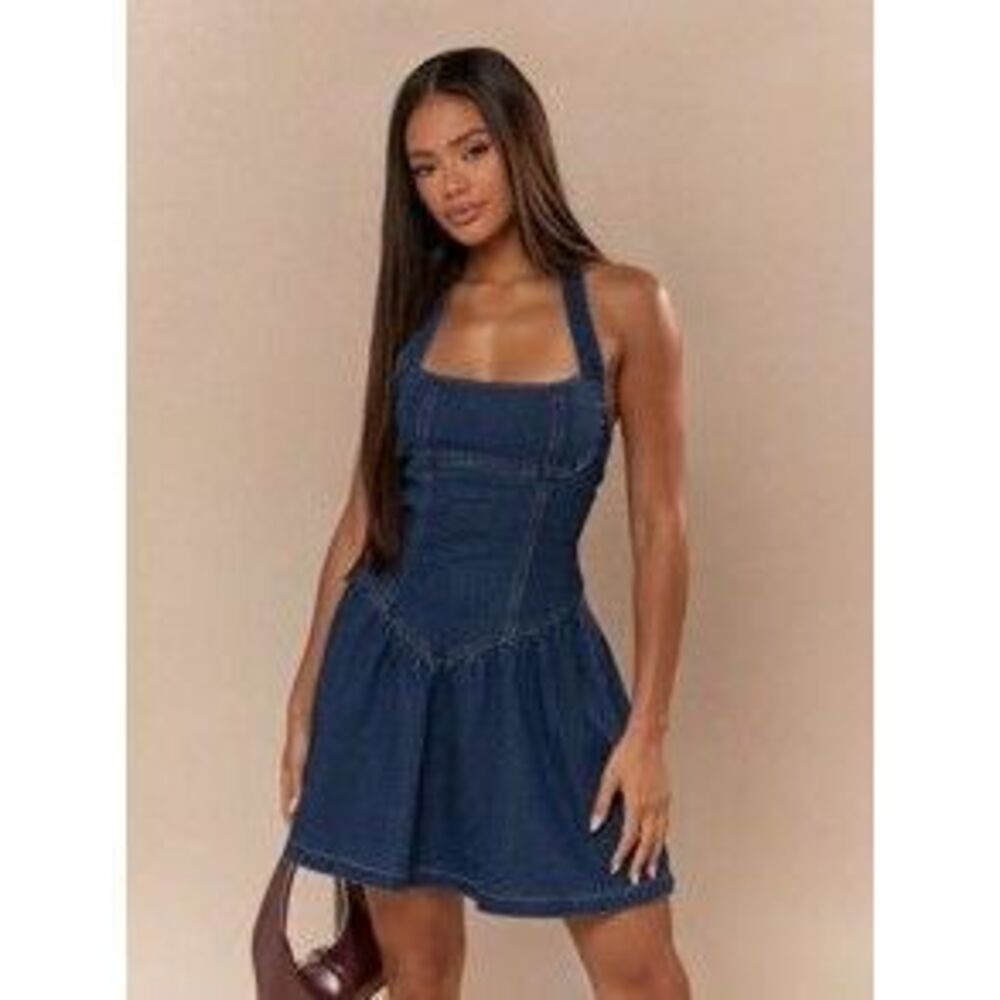 MISSGUIDED Halter Neck Fit And Flare Denim Mini Dress